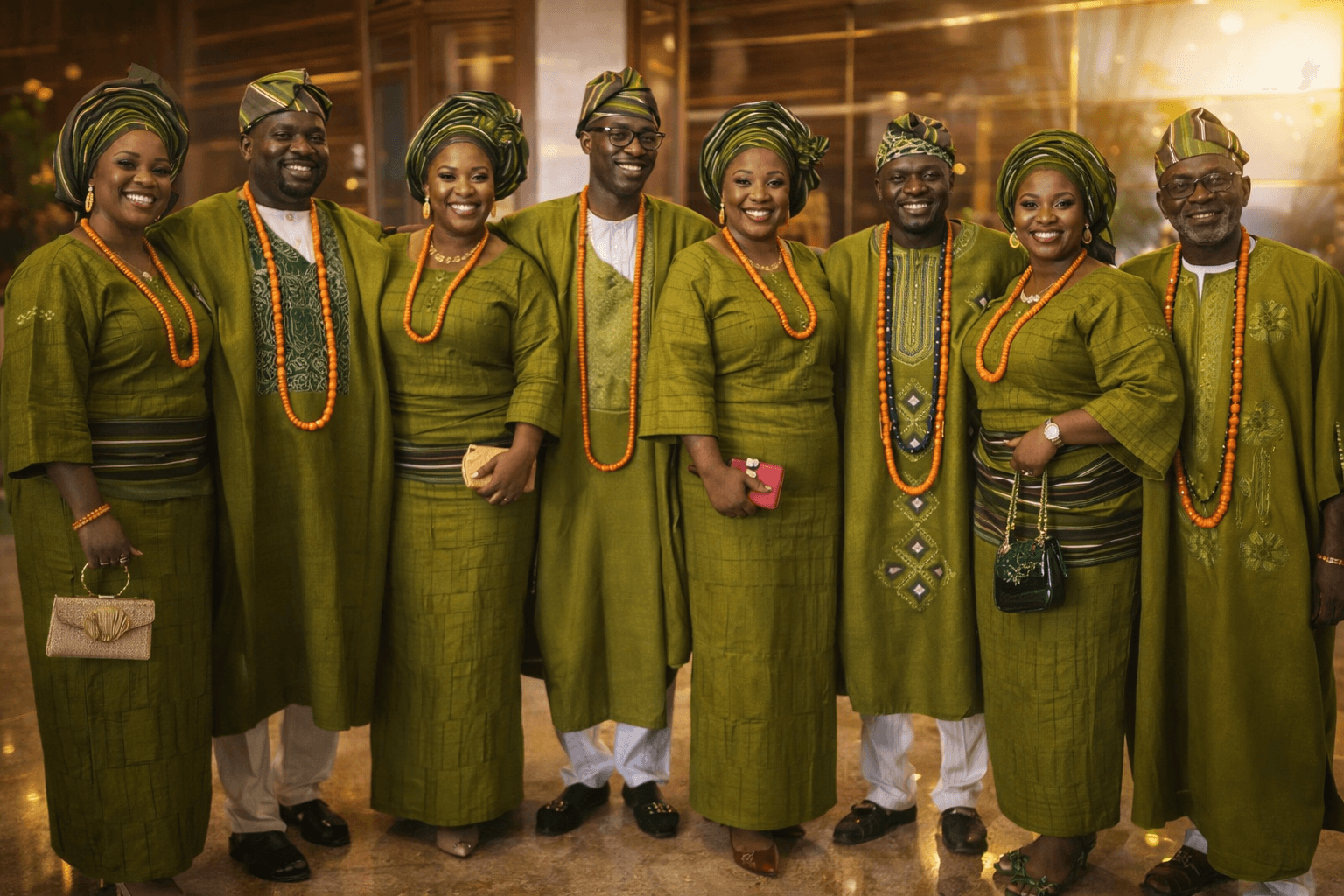 Group portrait in coordinated Yoruba gele attire